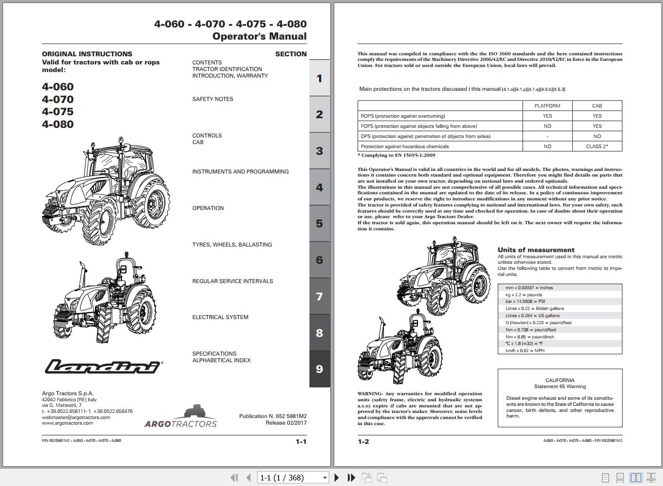Landini Tractor 4 060 4 070 4 075 4 080 Operators Maintenance Manual 6525981M2 EN 1