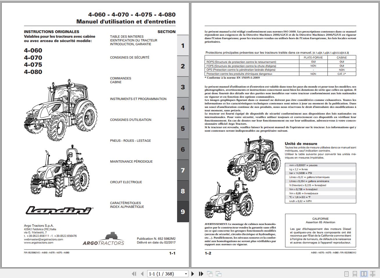 Landini Tractor 4 060 4 070 4 075 4 080 Operators Maintenance Manual 6525982M2 FR 1