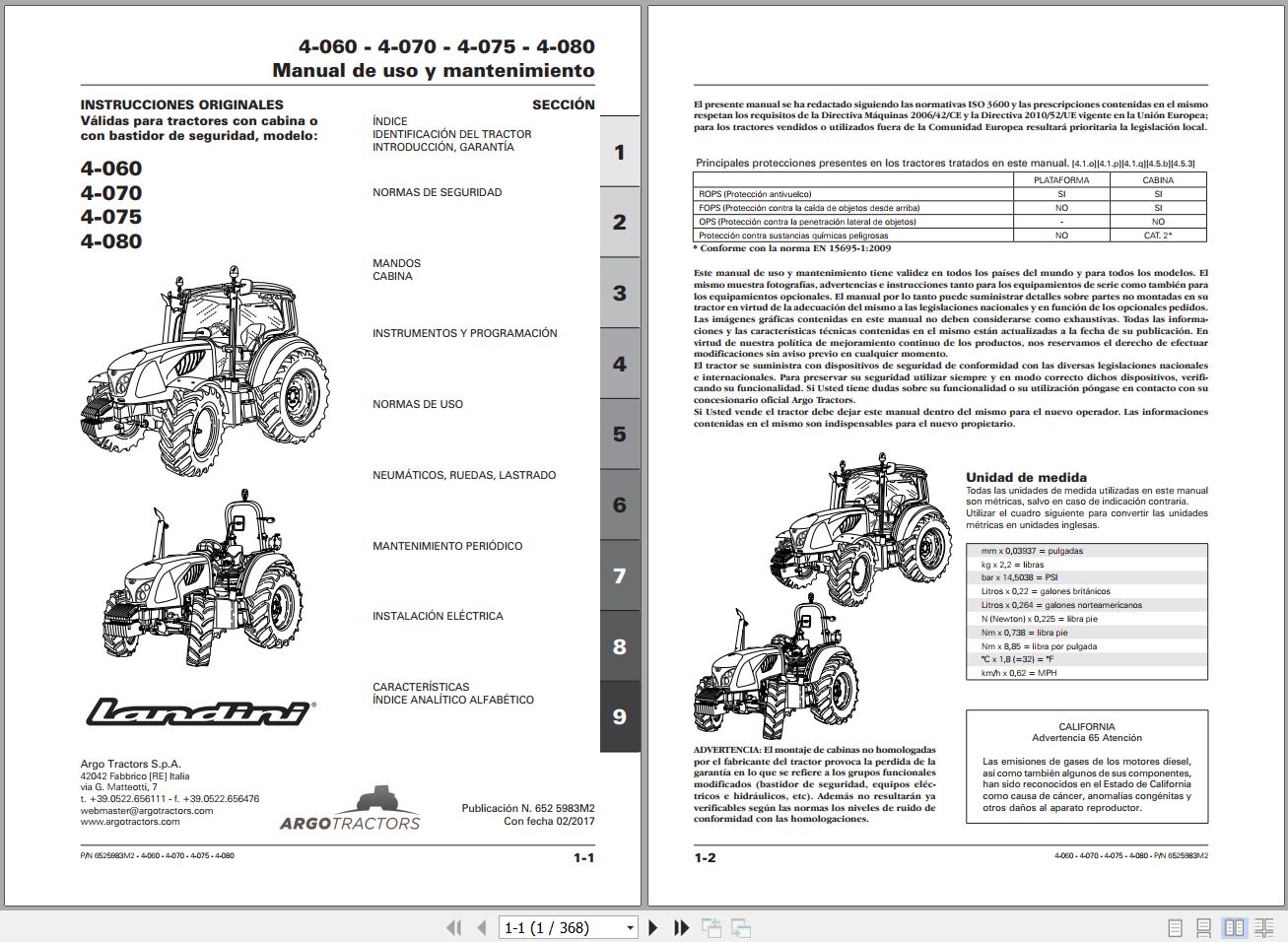 Landini Tractor 4 060 4 070 4 075 4 080 Operators Maintenance Manual 6525983M2 ES 1