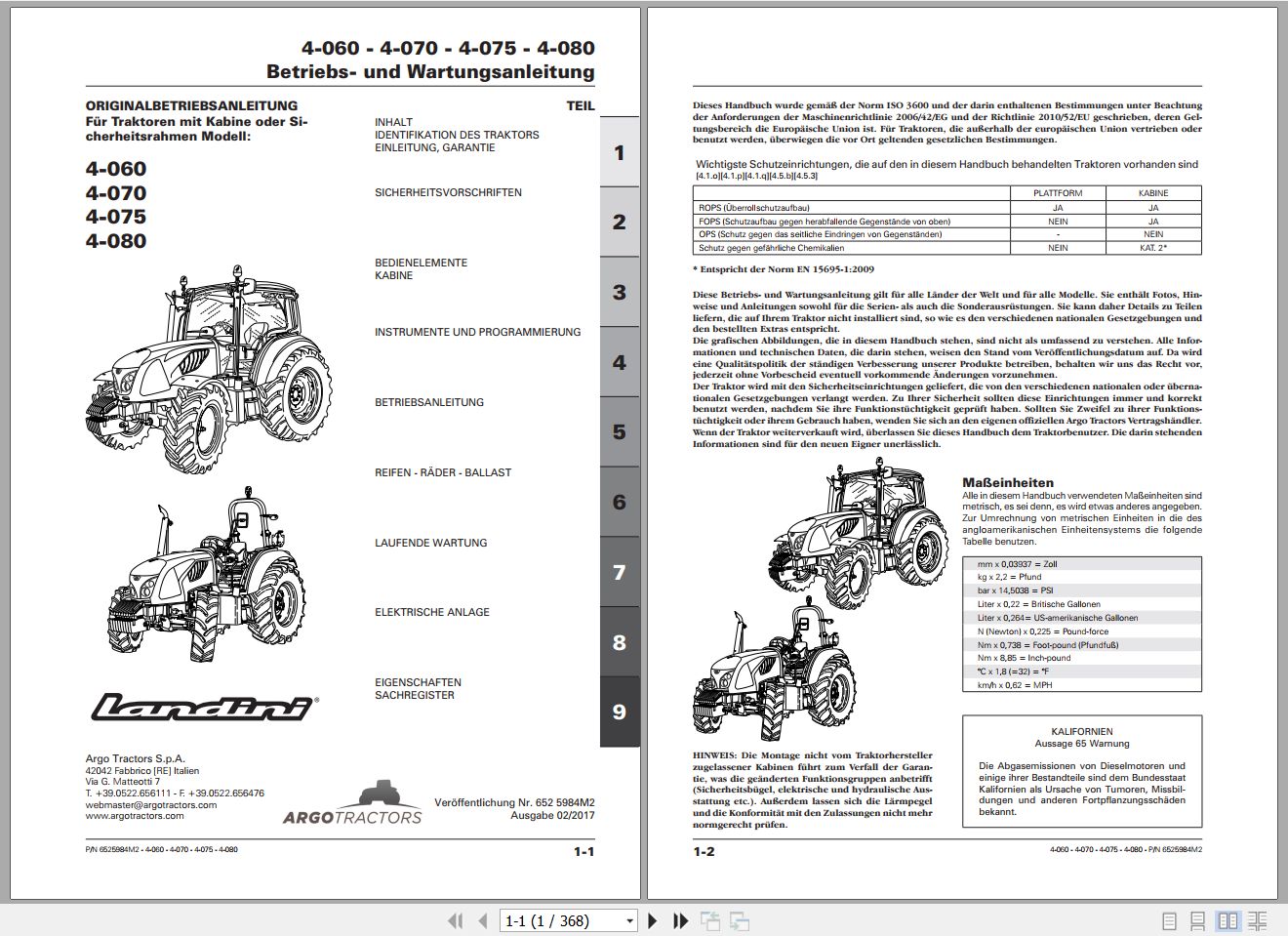 Landini Tractor 4 060 4 070 4 075 4 080 Operators Maintenance Manual 6525984M2 DE 1