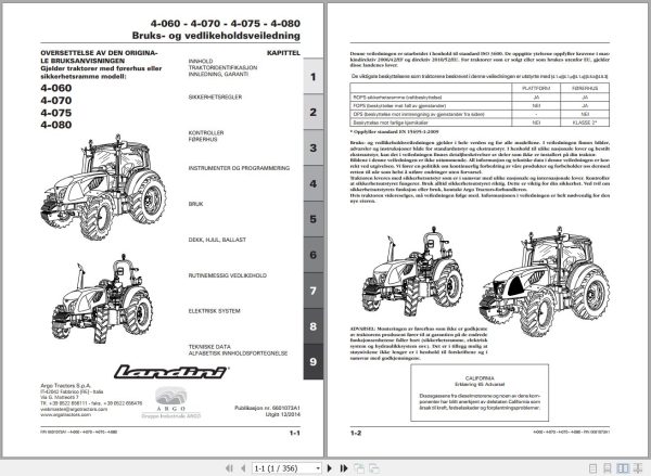 Landini Tractor 4 060 4 070 4 075 4 080 Operators Maintenance Manual 6601073A1 NO 1