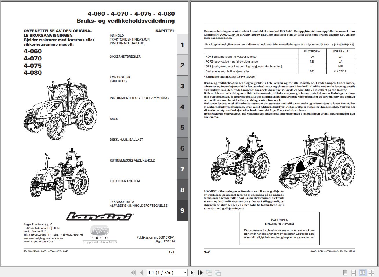 Landini Tractor 4 060 4 070 4 075 4 080 Operators Maintenance Manual 6601073A1 NO 1