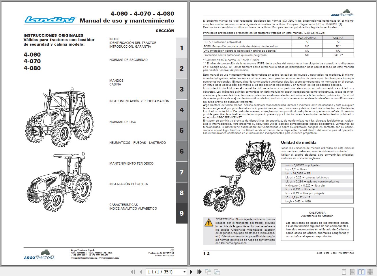 Landini Tractor 4 060 4 070 4 080 Operators Maintenance Manual 6670717A2 ES 1
