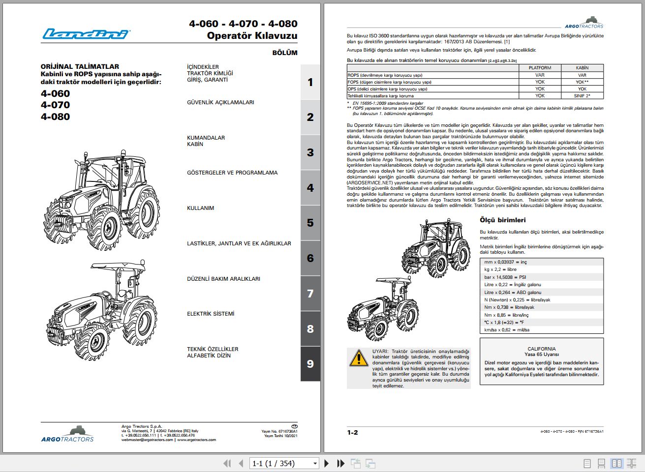 Landini Tractor 4 060 4 070 4 080 Operators Maintenance Manual 6716736A1 TR 1