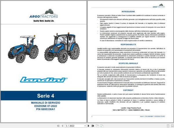Landini Tractor 4 060 4 070 4 080 Service Manual 6695338A1 IT 1
