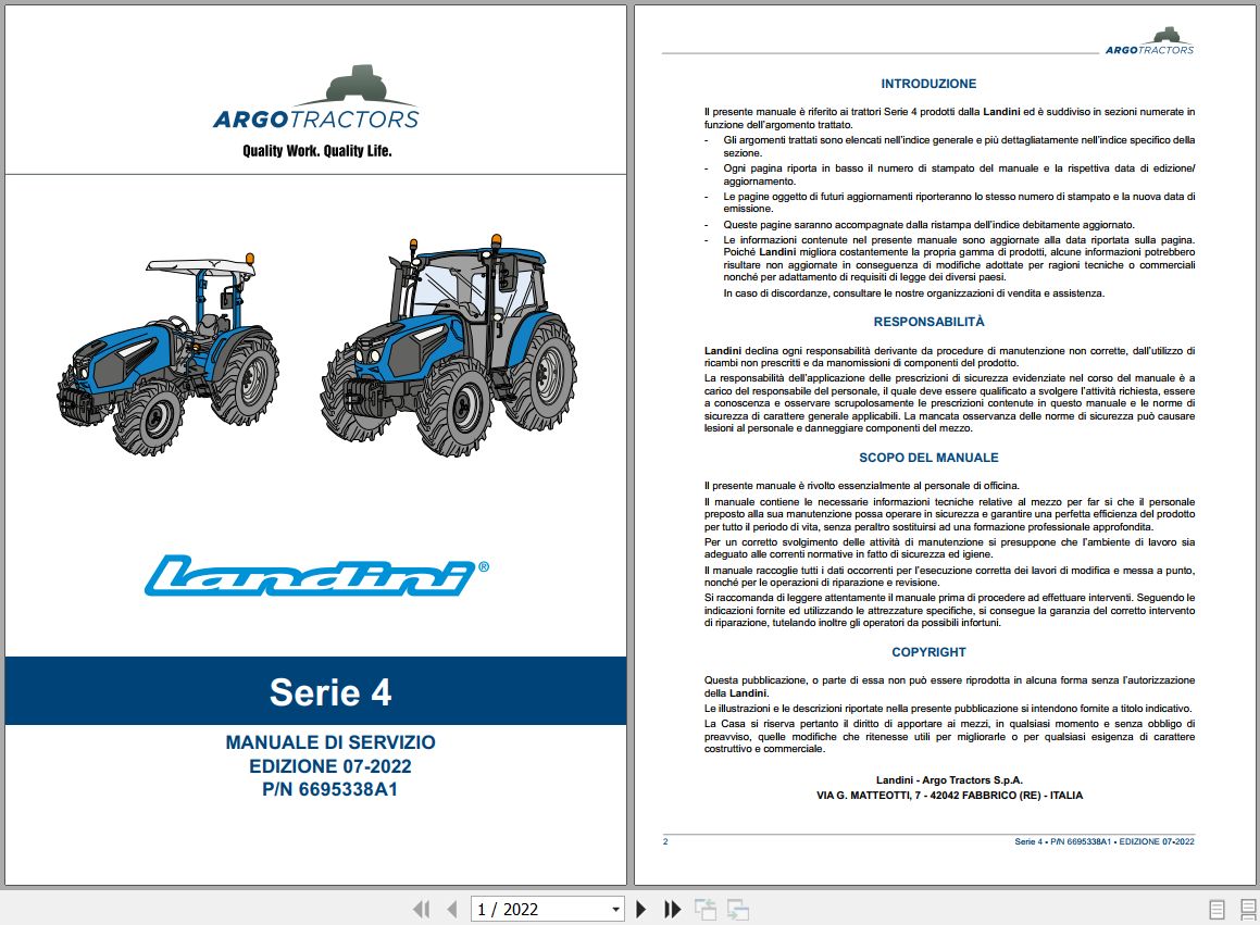Landini Tractor 4 060 4 070 4 080 Service Manual 6695338A1 IT 1