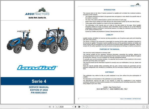 Landini Tractor 4 060 4 070 4 080 Service Manual 6695339A1 EN 1