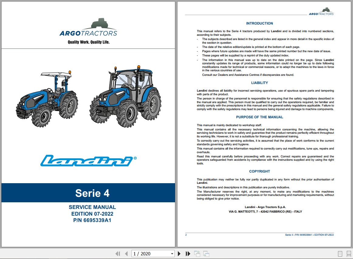Landini Tractor 4 060 4 070 4 080 Service Manual 6695339A1 EN 1