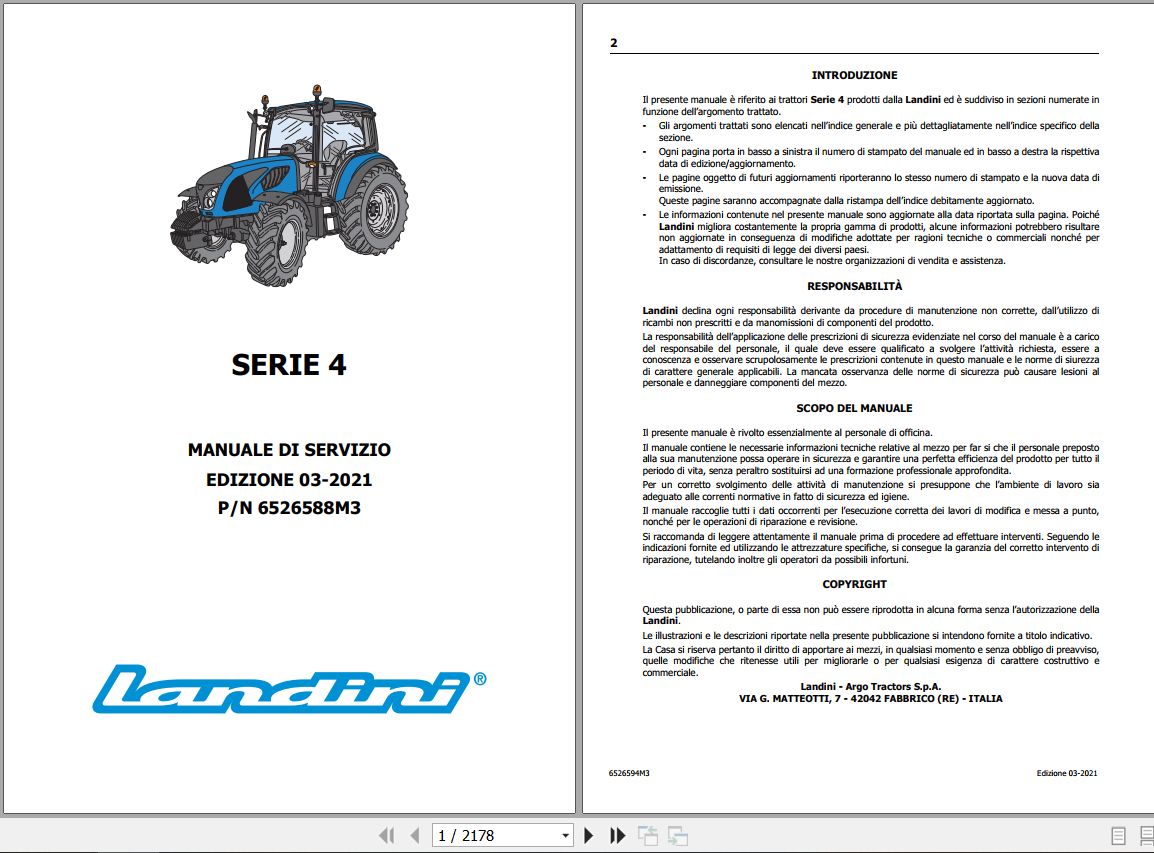 Landini Tractor 4 060 to 4 105 Service Manual 6526588M3 IT 1