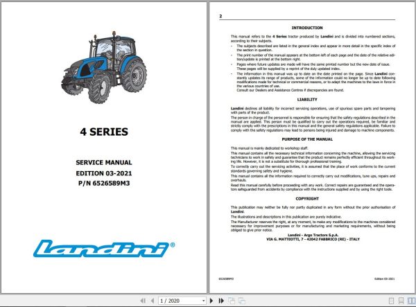 Landini Tractor 4 060 to 4 105 Service Manual 6526589M3 EN 1