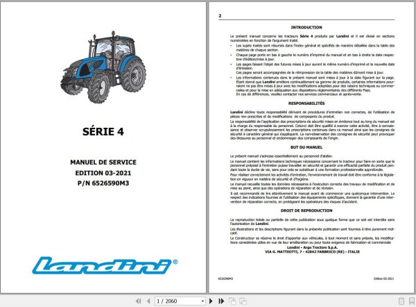 Landini Tractor 4 060 to 4 105 Service Manual 6526590M3 FR 1