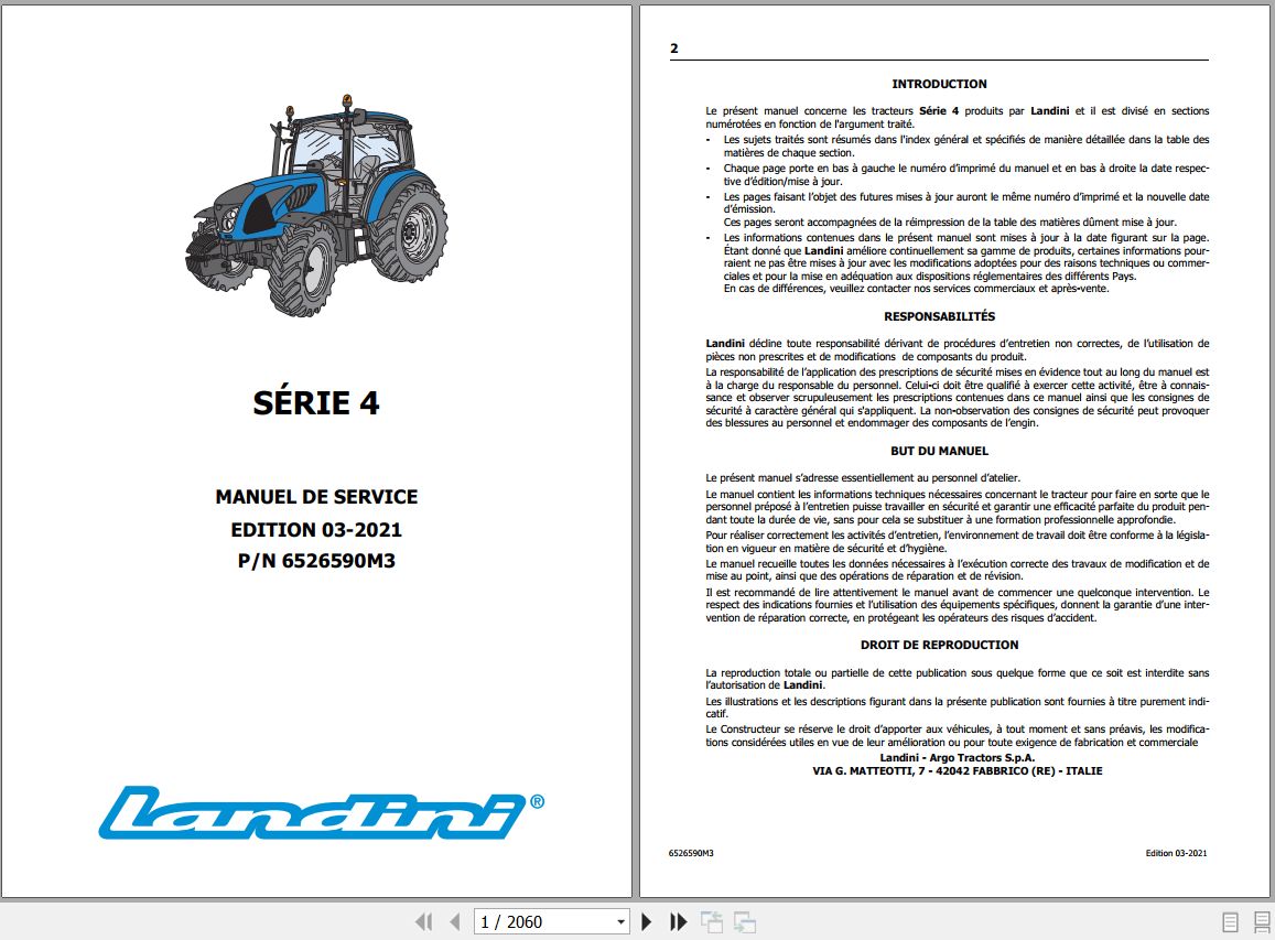 Landini Tractor 4 060 to 4 105 Service Manual 6526590M3 FR 1