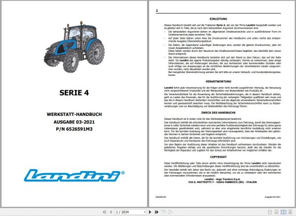 Landini Tractor 4 060 to 4 105 Service Manual 6526591M3 DE 1