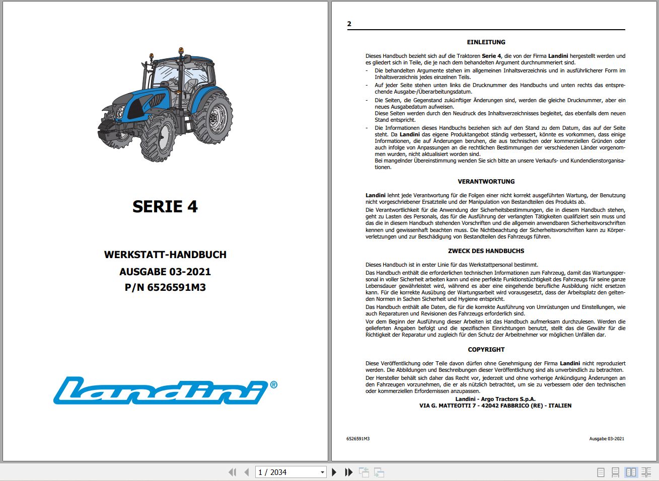 Landini Tractor 4 060 to 4 105 Service Manual 6526591M3 DE 1