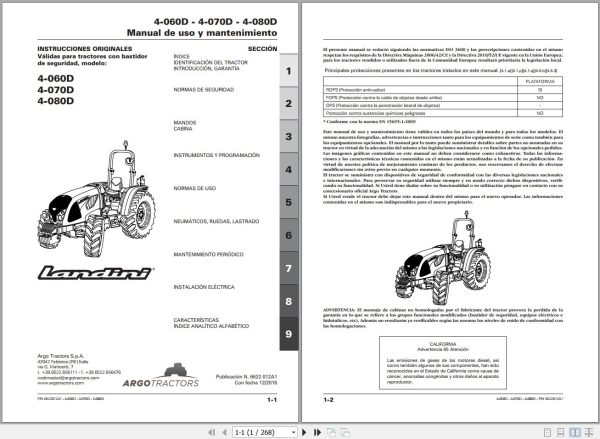 Landini Tractor 4 060D 4 070D 4 080D Operators Maintenance Manual 6622012A1 ES 1