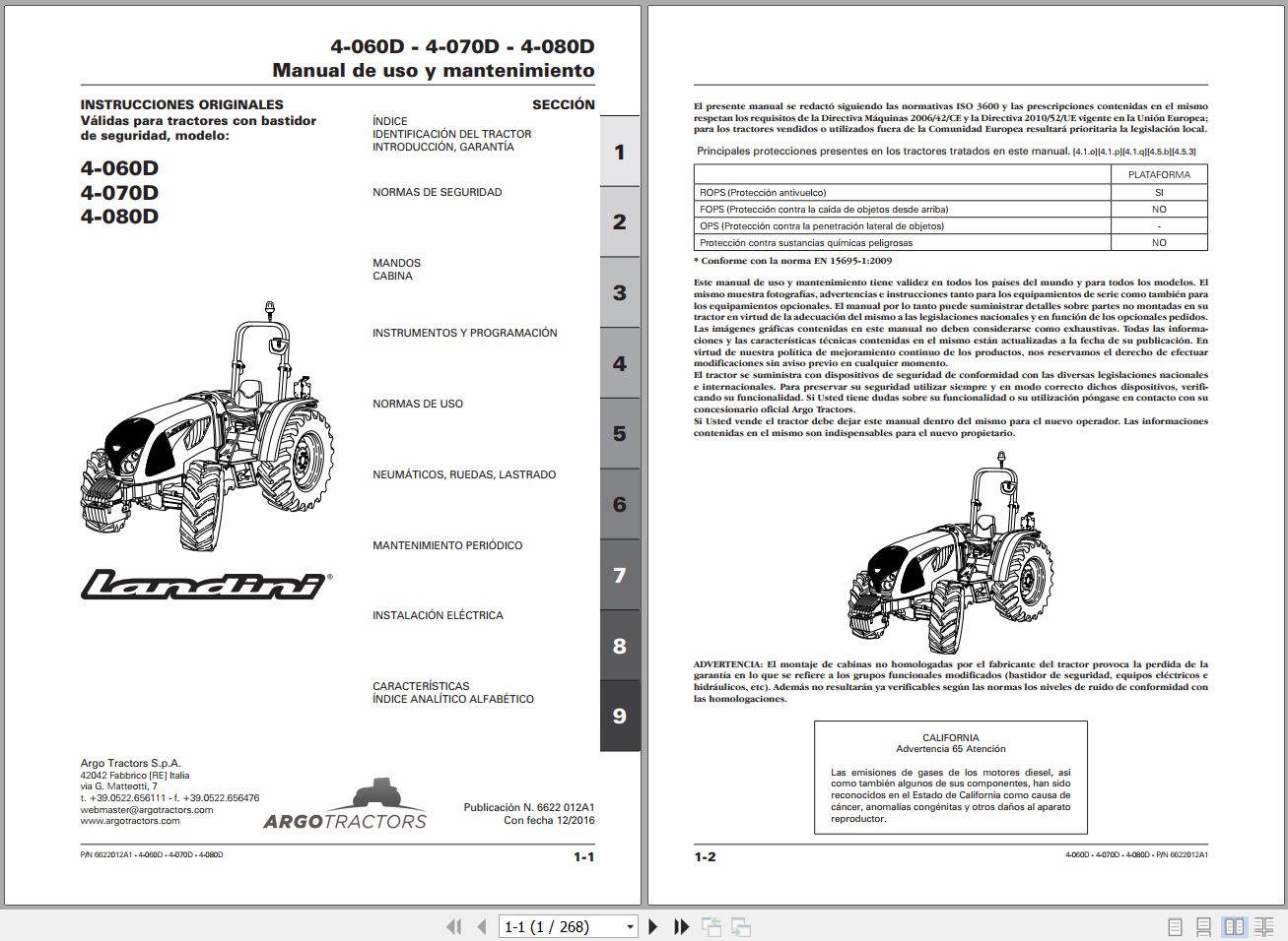 Landini Tractor 4 060D 4 070D 4 080D Operators Maintenance Manual 6622012A1 ES 1
