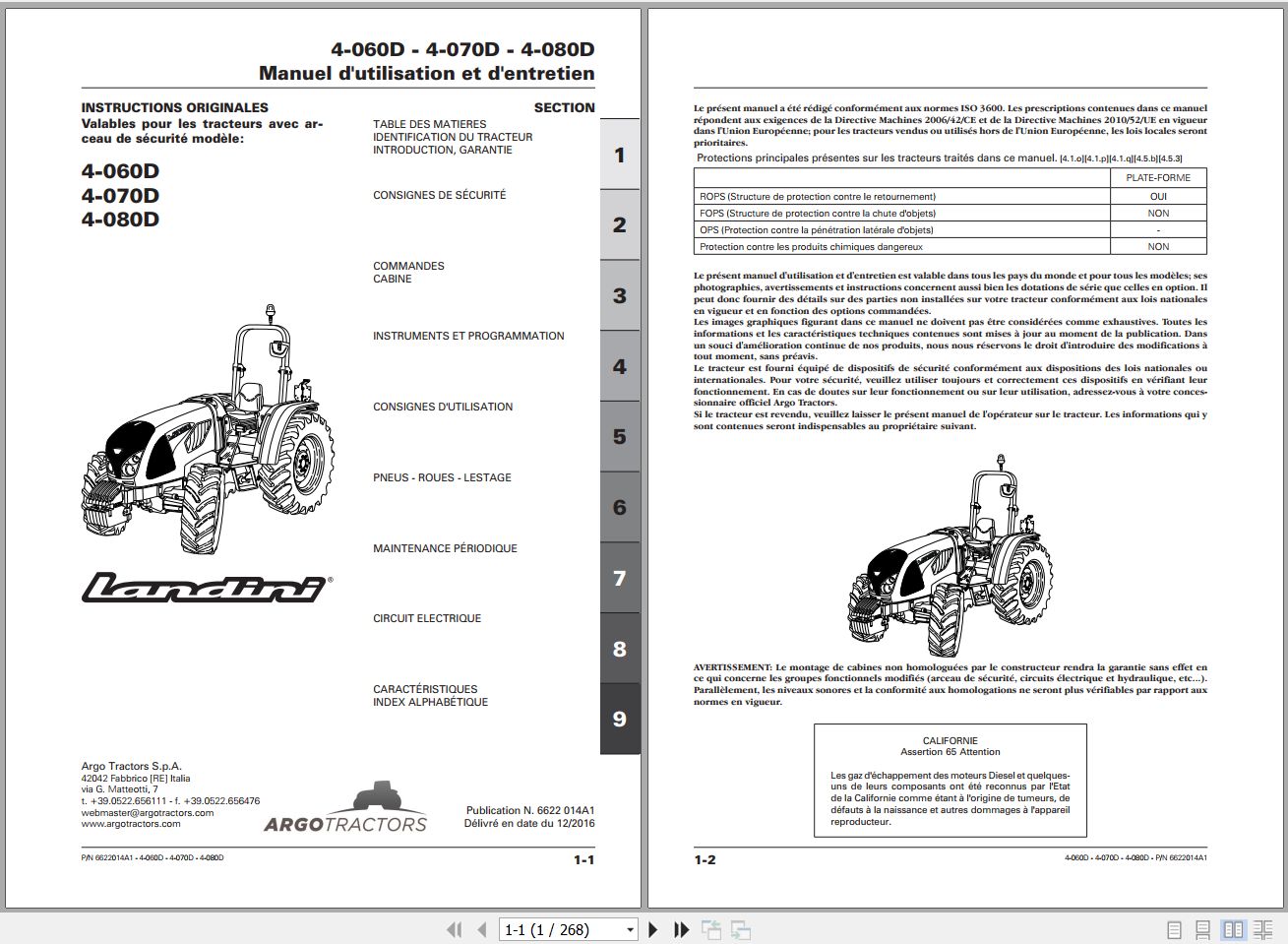 Landini Tractor 4 060D 4 070D 4 080D Operators Maintenance Manual 6622014A1 FR 1