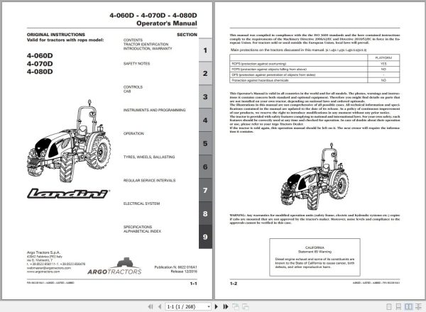 Landini Tractor 4 060D 4 070D 4 080D Operators Maintenance Manual 6622016A1 EN 1