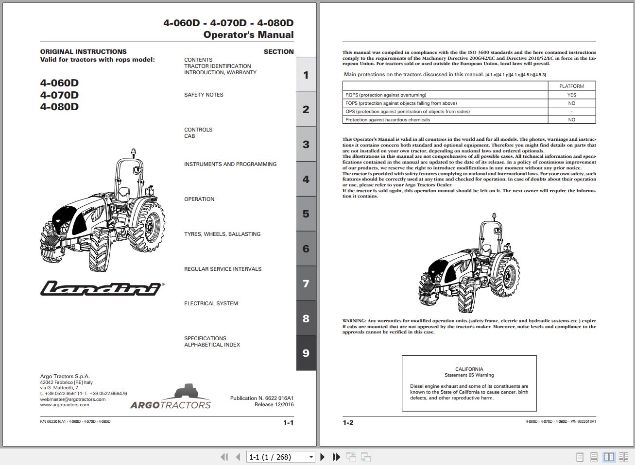 Landini Tractor 4 060D 4 070D 4 080D Operators Maintenance Manual 6622016A1 EN 1