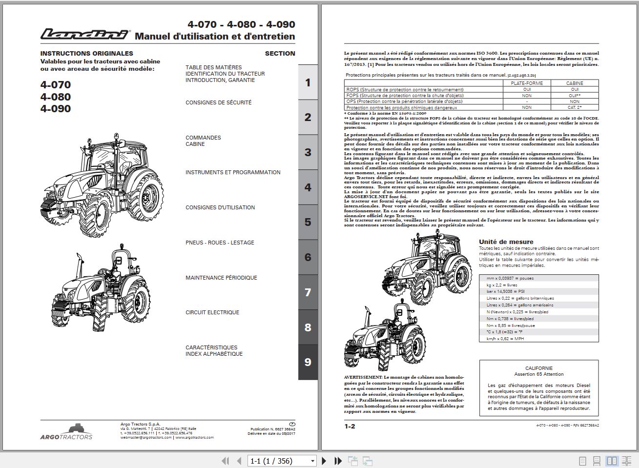 Landini Tractor 4 070 4 080 4 090 Operators Maintenance Manual 6627368A2 FR 1