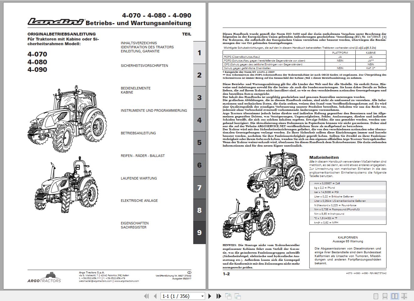 Landini Tractor 4 070 4 080 4 090 Operators Maintenance Manual 6627370A2 DE 1