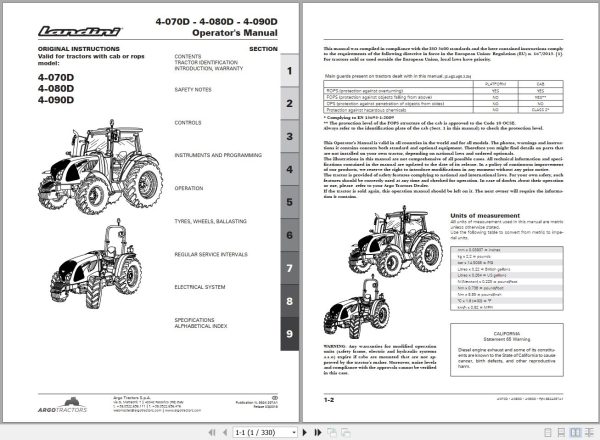 Landini Tractor 4 070D 4 080D 4 090D Operators Maintenance Manual 6624297A1 EN 1