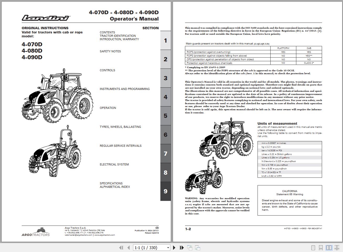 Landini Tractor 4 070D 4 080D 4 090D Operators Maintenance Manual 6624297A1 EN 1