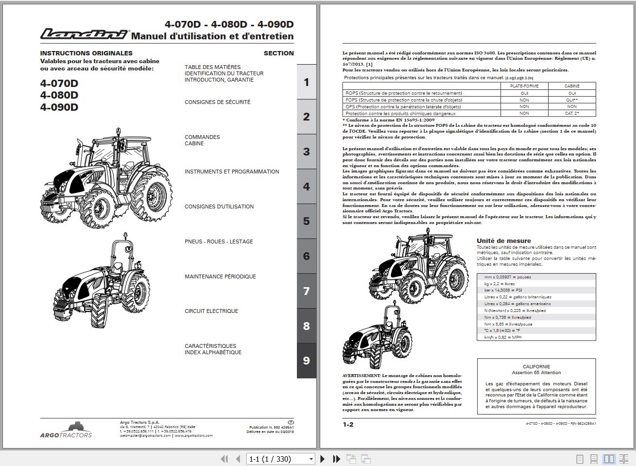 Landini Tractor 4 070D 4 080D 4 090D Operators Maintenance Manual 6624299A1 FR 1