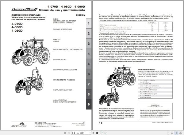 Landini Tractor 4 070D 4 080D 4 090D Operators Maintenance Manual 6624302A1 ES 1