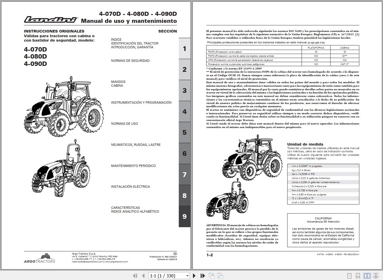 Landini Tractor 4 070D 4 080D 4 090D Operators Maintenance Manual 6624302A1 ES 1