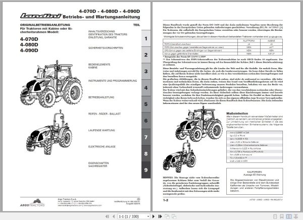 Landini Tractor 4 070D 4 080D 4 090D Operators Maintenance Manual 6624307A1 DE 1