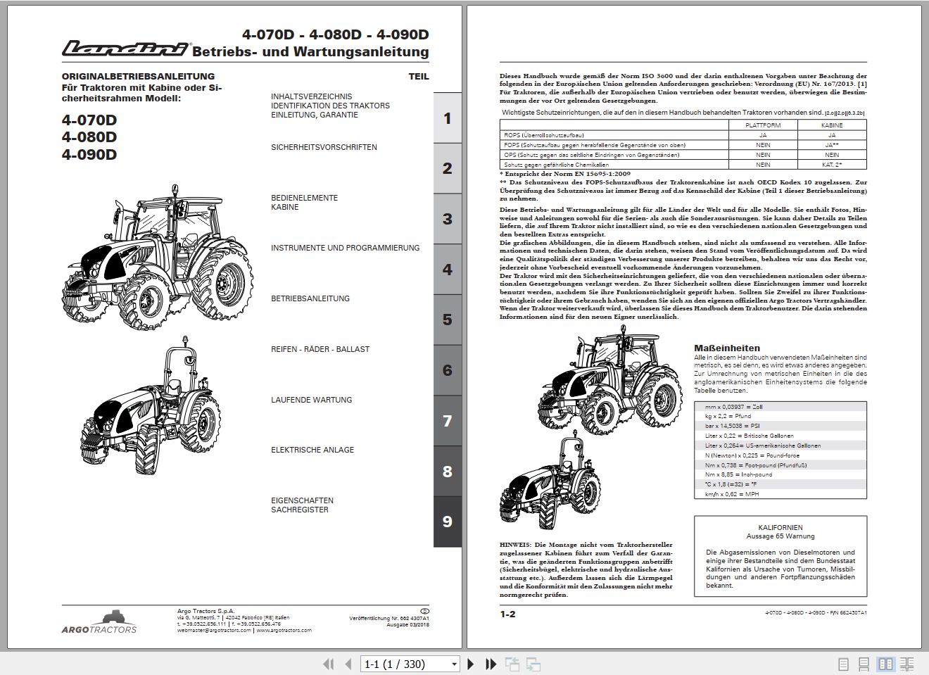 Landini Tractor 4 070D 4 080D 4 090D Operators Maintenance Manual 6624307A1 DE 1