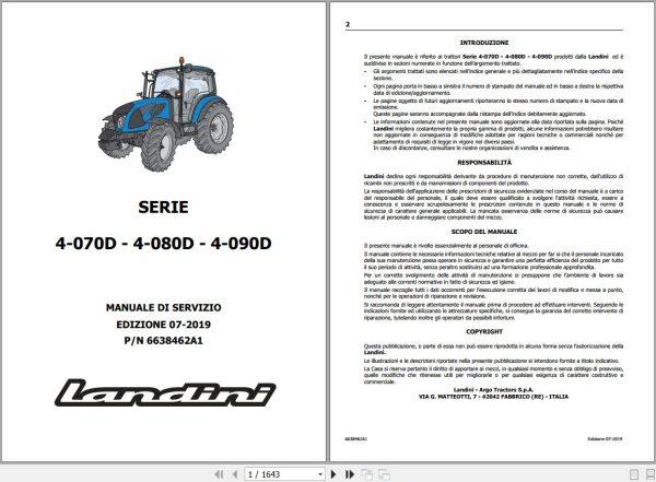 Landini Tractor 4 070D 4 080D 4 090D Service Manual 6638462A1 IT 1