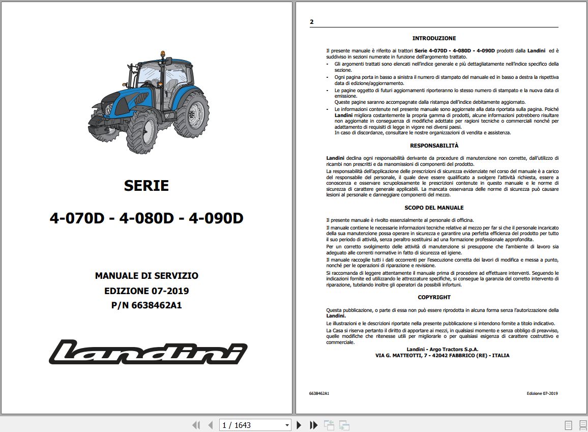 Landini Tractor 4 070D 4 080D 4 090D Service Manual 6638462A1 IT 1