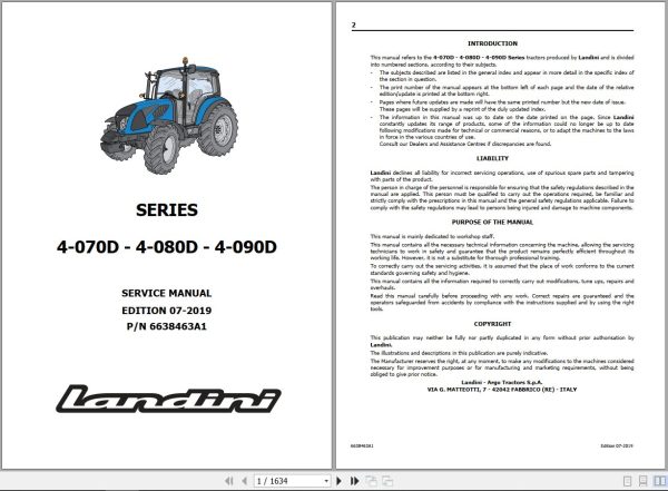 Landini Tractor 4 070D 4 080D 4 090D Service Manual 6638463A1 EN 1