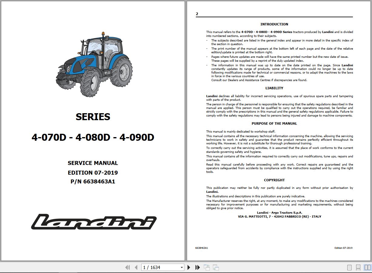 Landini Tractor 4 070D 4 080D 4 090D Service Manual 6638463A1 EN 1