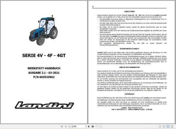 Landini Tractor 4 070V to 4 120F Service Manual 6635339A2 DE 1