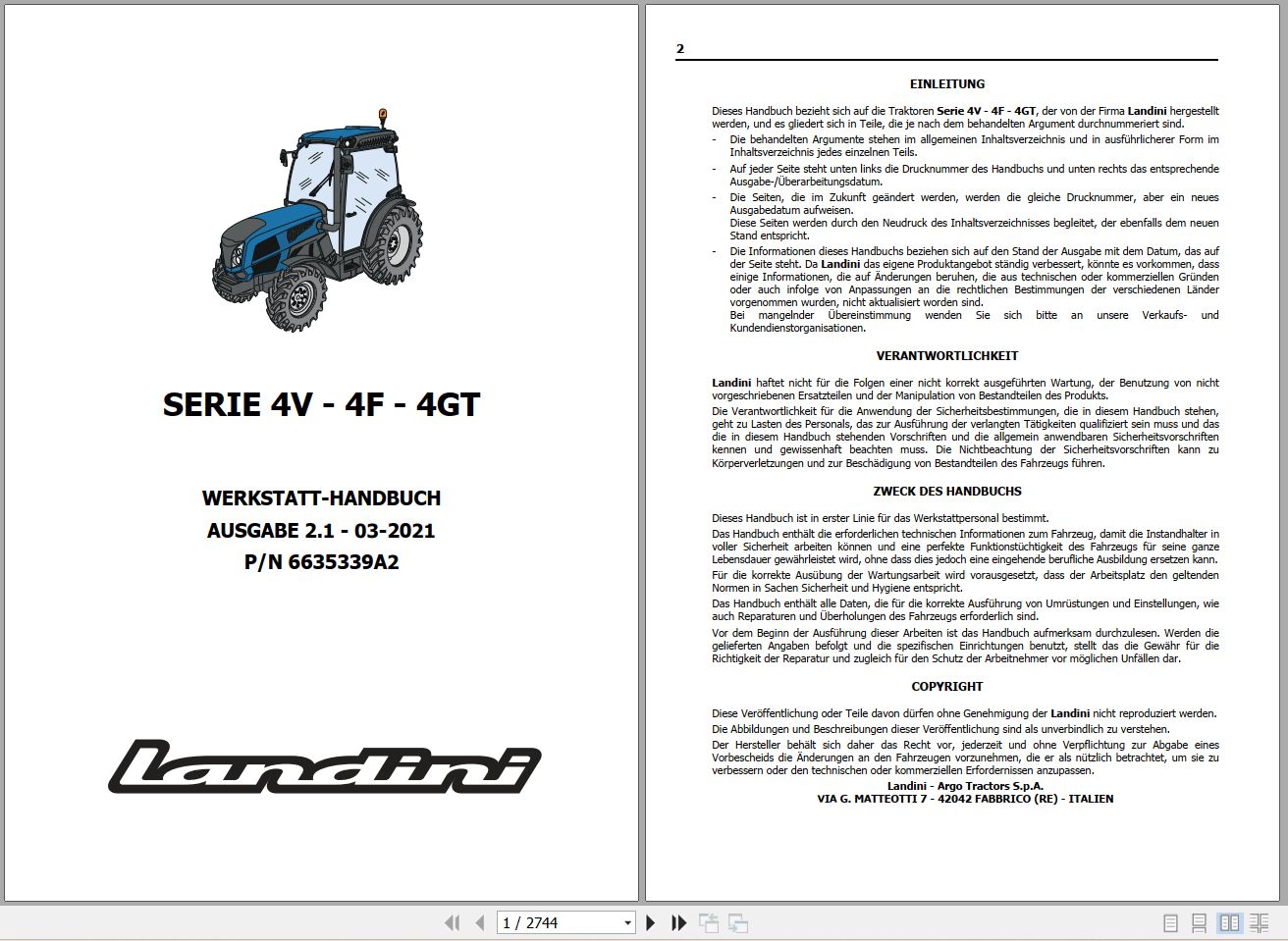 Landini Tractor 4 070V to 4 120F Service Manual 6635339A2 DE 1