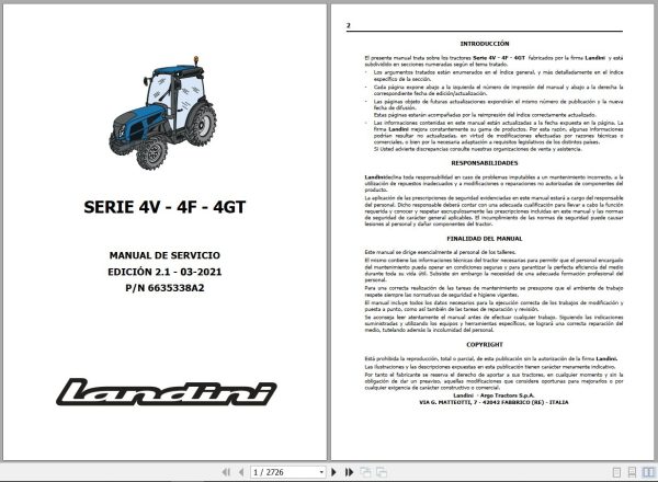 Landini Tractor 4 070V to 4 120GT Service Manual 6635338A2 ES 1