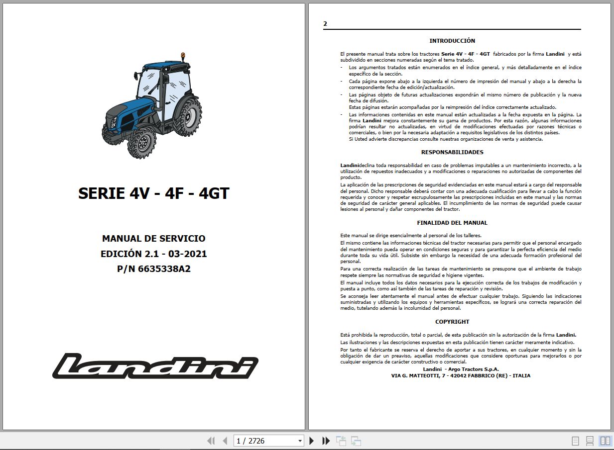 Landini Tractor 4 070V to 4 120GT Service Manual 6635338A2 ES 1