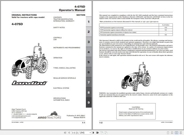 Landini Tractor 4 075D Operators Maintenance Manual 6615285A1 EN 1