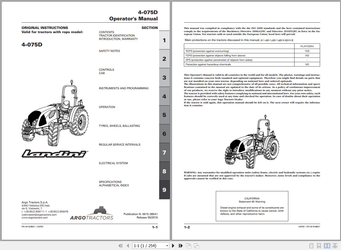 Landini Tractor 4 075D Operators Maintenance Manual 6615285A1 EN 1