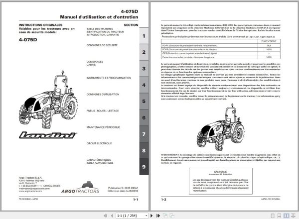 Landini Tractor 4 075D Operators Maintenance Manual 6615286A1 FR 1