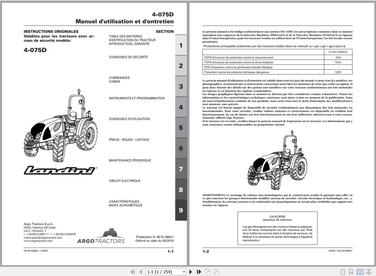 Landini Tractor 4 075D Operators Maintenance Manual 6615286A1 FR 1