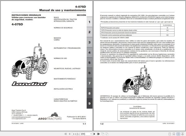 Landini Tractor 4 075D Operators Maintenance Manual 6615287A1 ES 1