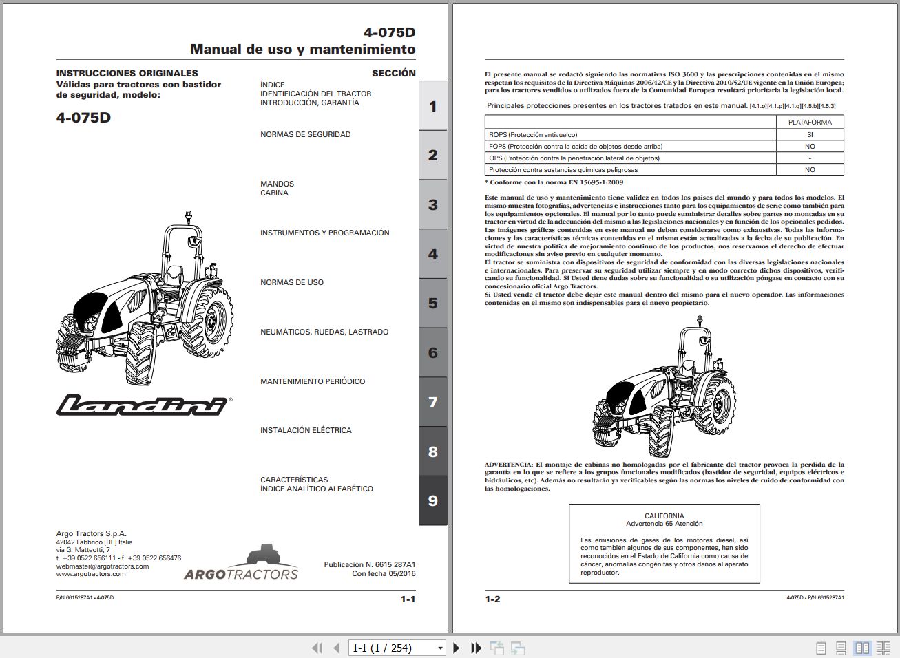Landini Tractor 4 075D Operators Maintenance Manual 6615287A1 ES 1