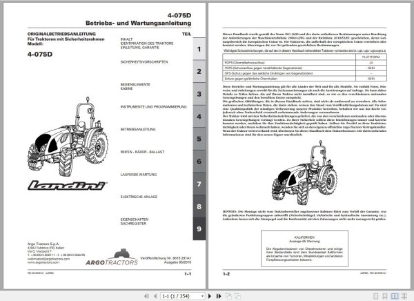 Landini Tractor 4 075D Operators Maintenance Manual 6615291A1 DE 1
