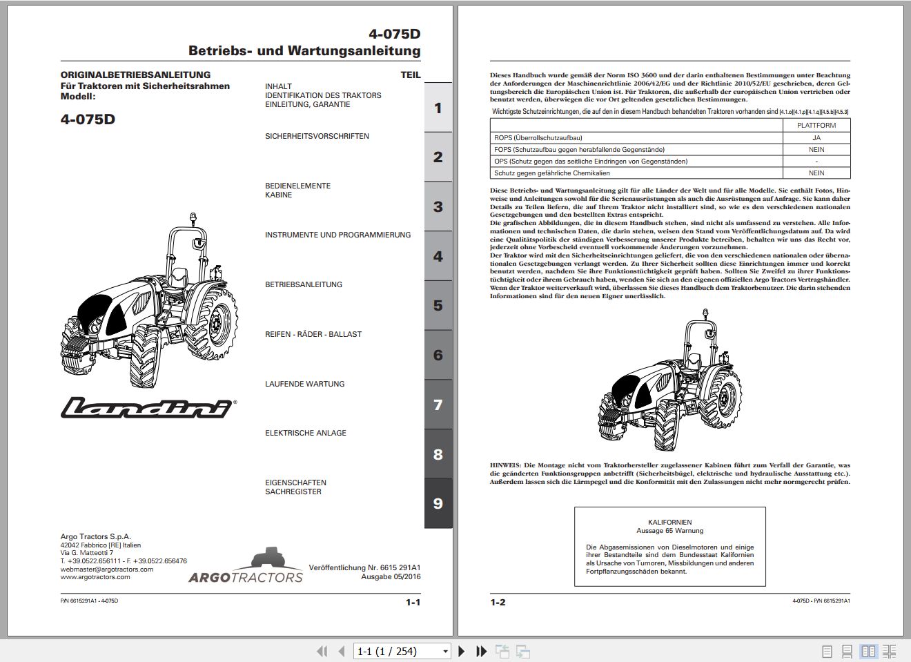 Landini Tractor 4 075D Operators Maintenance Manual 6615291A1 DE 1