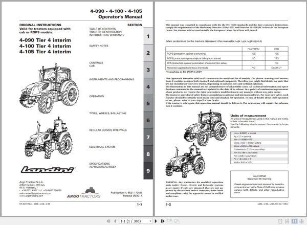Landini Tractor 4 090 4 100 4 105 Operators Maintenance Manual 6521173M4 EN 1