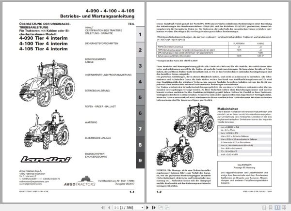 Landini Tractor 4 090 4 100 4 105 Operators Maintenance Manual 6521176M4 DE 1